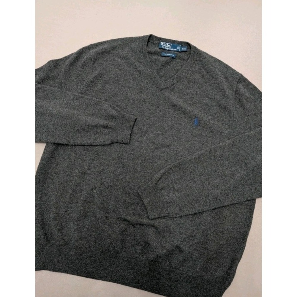 Polo Ralph Lauren 100% Merino Wool Gray V-Neck Sweater Mens XXL Basic Minimalist